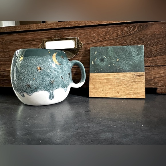 clay connoisseur Other - Ceramic Green Mugs & Solid Oak Wood Coasters Stoneware Mug Set